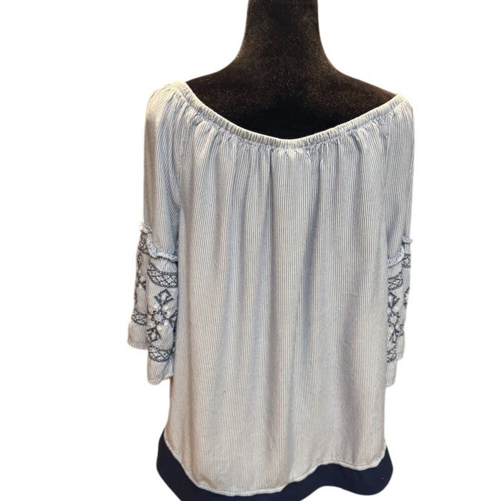 St. John’s Bay Blouse Womens L Blue & White Pinstripe Embroidered Peasant - Picture 3 of 8